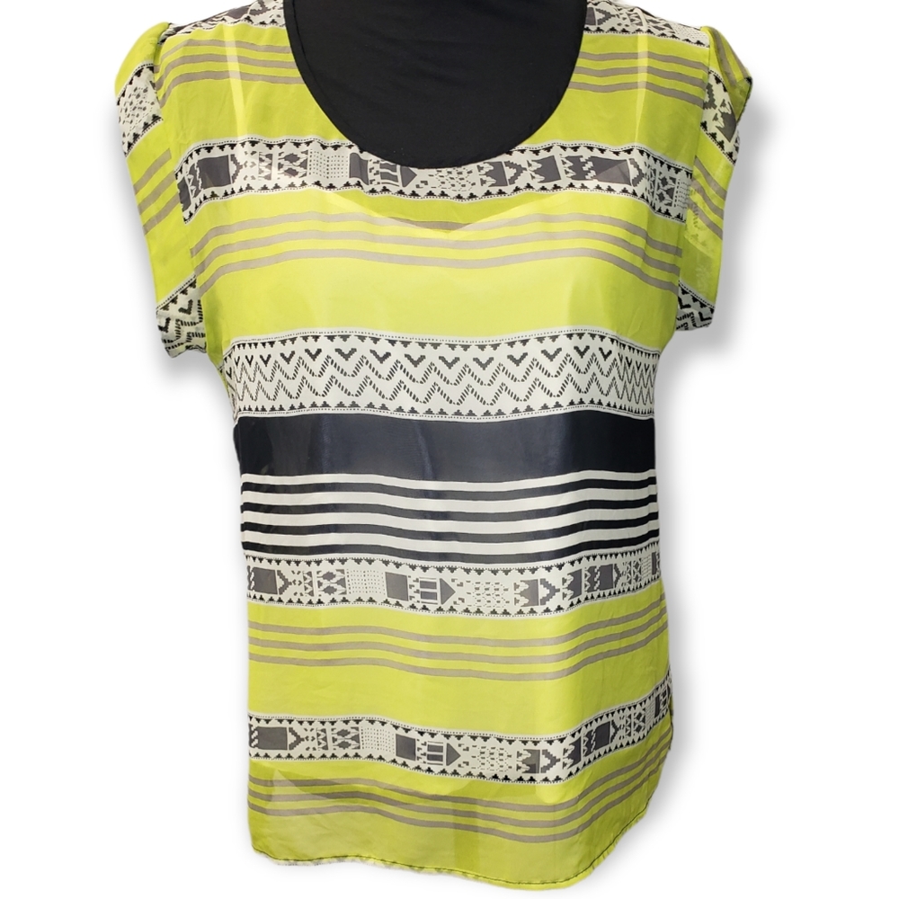 Charming Charlie Sheer Blouse w/ Cami Neon Yellow Bold Aztec Stripes